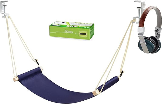 iMissiu Adjustable Office Foot Rest | Portable Under Desk Hammock with Headphones Holder (Blue)