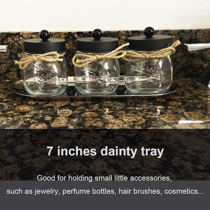 Stainless Steel Decorative Tray, Set of 2, 7 Inch Long, Jewelry Dish Cosmetics Organizer Bathroom Clutter Serving Platter Small Storage Tray, Oval, Silver