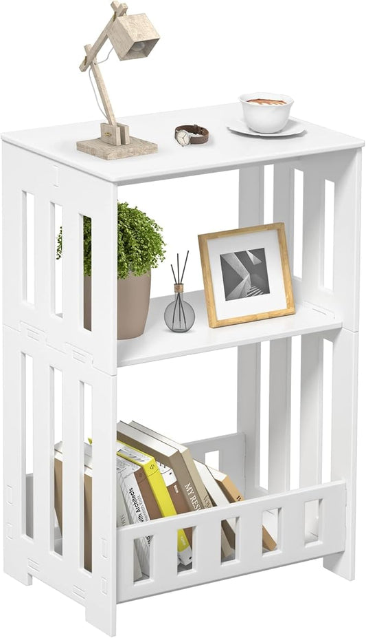 HAYOFAMY 3 Tier Side Table Night Stand, Narrow End Table with Display Shelf, Small Bookcase Bookshelf, Simple Bedside Table Storage Rack for Bedroom, Living Room, Office, Bathroom, White