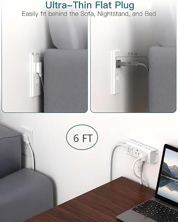 Addtam Flat Plug Power Strip with 6 Outlet Extender, 6 FT Extension Cord Flat Wall Plug with Multiple Outlets, No Surge Protector for Cruise Ship, Travel, Dorm, Home Office, Cruise Essentials, White
