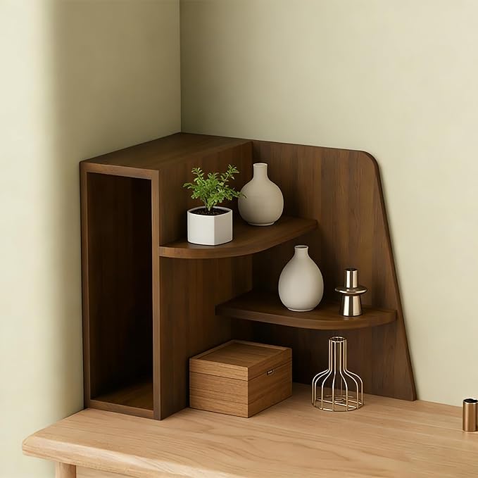 Desktop Corner Stand Shelf 3 Tier Shelf Organizer 15.7in Tall Corner Bookshelf for Small Spaces Wooden Desktop File Organizer Vertical for Home Offices, Bedrooms, and Studies,Walnut,40cm