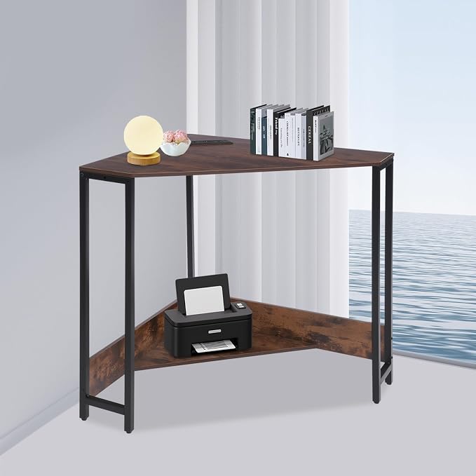Corner Desk with Outlets and USB Ports, 26.77x26.77x29.53in Triangle Desk with Storage for Home Office, Workstation, Living Room, Bedroom, Small Space (Brown)