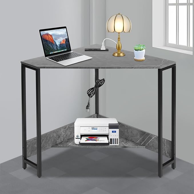 Corner Desk with Outlets and USB Ports, 26.77x26.77x29.53in Triangle Desk with Storage for Home Office, Workstation, Living Room, Bedroom, Small Space (Grey)