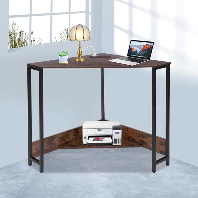Corner Computer Desk, 26.77 Inch Triangle Small Space Desk with Outlets and Power Cord, Modern Writing Workstation, Corner Storage Table for Office, Home, Design Studio, Study Room (Brown)