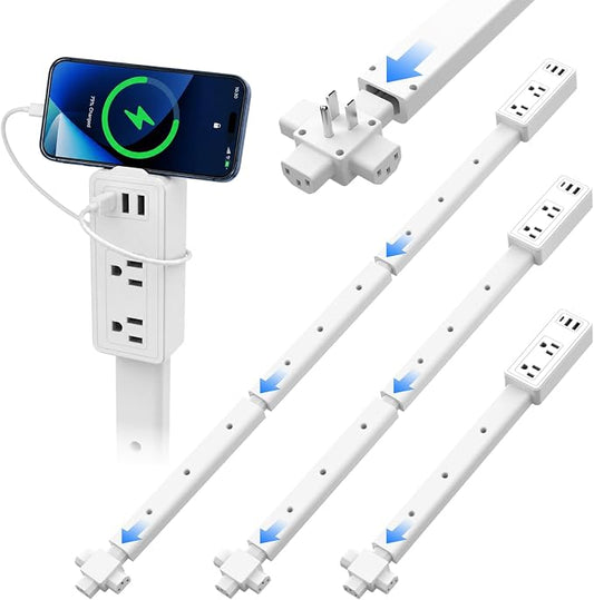 Electrical Outlet Extender Stick -Modular Expandable Wall Outlet Extender with 2 AC Outlets and 3 USB Ports (2 USB-A+1 USB-C)，Adjustable Length for Behind Sofa Behind Furniture Nightstand Desk
