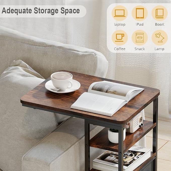 C Shaped End Table 28"(H) 3-Tier C Table with Storage Bag, Under Couch Table C-Shaped End Table with Storage Shelves and Bag for Living Room, Bedroom, or Office