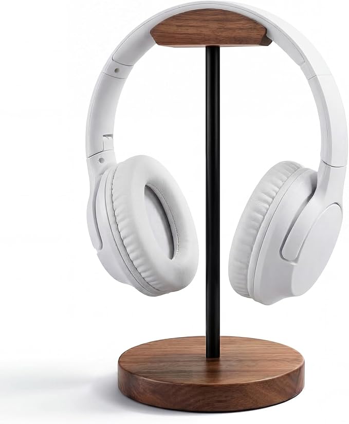 Wood & Metal Headphone Stand, Headset Holder for Desk, Desktop Gaming Headphone Hanger with Stable Non-Slip Bamboo Base, Universal Earphone Stand for Gaming, Office, Home, Gift