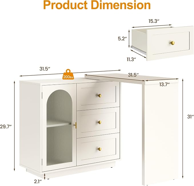 FansaFurn 59” Extendable Corner Vanity Desk, 3 in 1 Vanity with Rotatable Tabletop, Large White Makeup Table for Women Girl, 3 Drawer & 1 Door, Wood Dresser for Apartment, Bedroom, Home Office