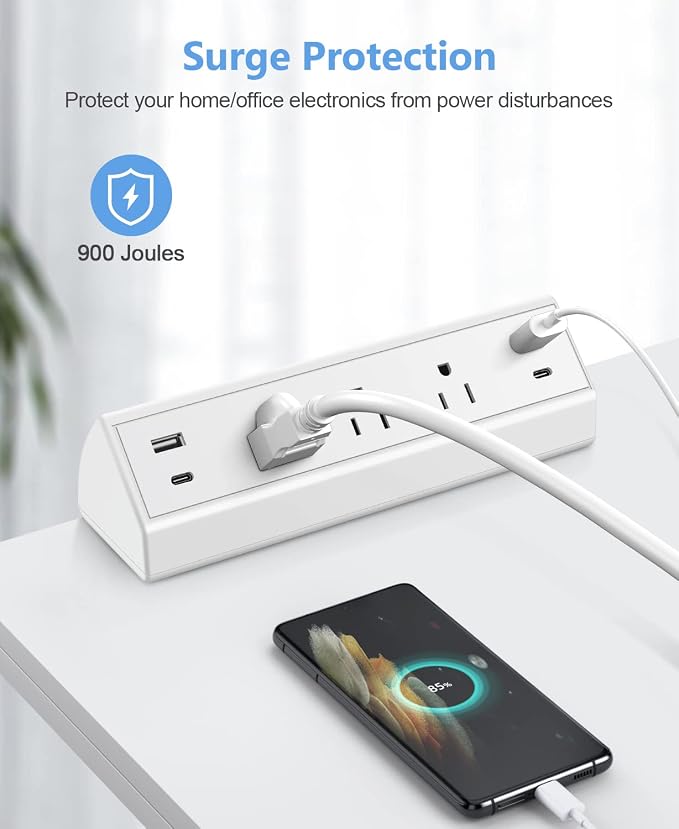 Jgstkcity Desk Clamp Power Strip,40W Total Fast Charging Station,2 PD 20W USB C Ports,Desk Edge Mount Surge Protector for Home, Office,3 Outlets,Fit 1.96" Tabletop Edge,ETL Listed,White (Pack of 2)