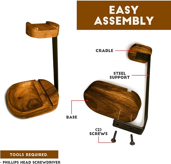 Acacia Wood Headphone & Phone Stand with Tray – Dual Device Holder Desk Organizer for Over-Ear Headphones & Mobile Phone, Gaming Setup, Workstation, Stylish Wooden Catchall
