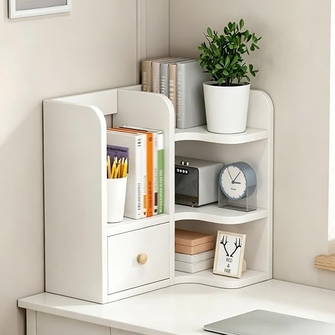 3-tier Corner Desktop Organizer Shelf, Wooden Desktop Bookshelf with Drawers, Multifunctional Desk Hutch Dorm, Desk Display Rack, Cube Storage Organizer Bookcase(White B-l,23.6x19.6x19.6'')