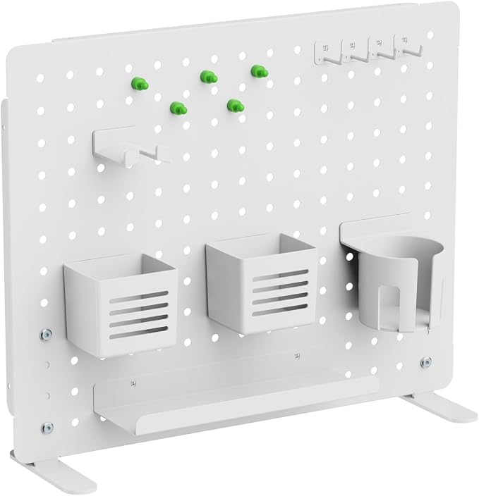 Kantek Pegboard Desktop Organizer & Accessories, Sits, Hangs or Clamps to Tables, 20.58” X 17” White Steel Privacy Panel, Cup Holder, Pen Cup, Headphone Holder, Tray, Magnets, Easy Install