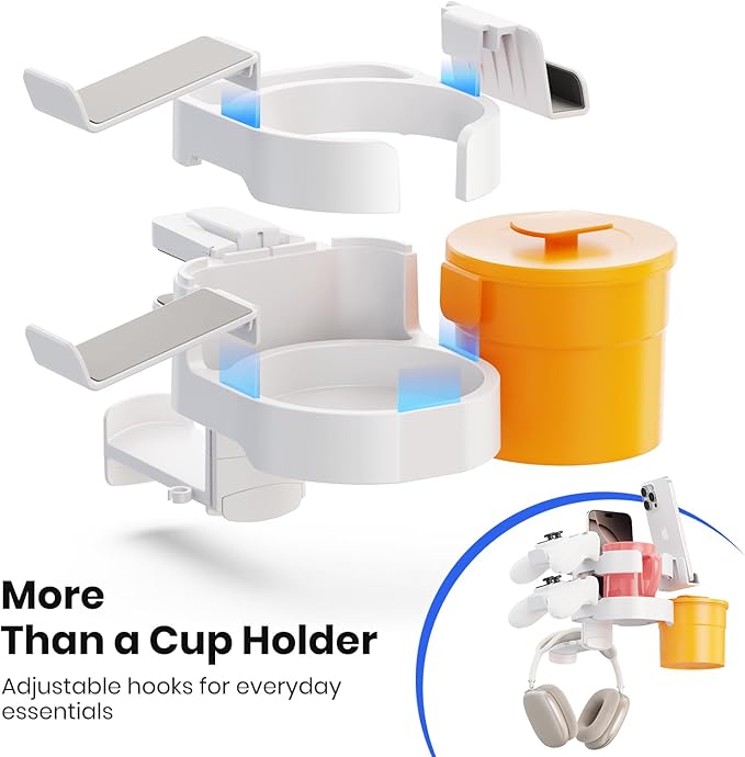 7-in-1 Cup Holder - EURPMASK Desk Organizer with Headphone, Controller Holder, Snack Bucket, and Phone Holder, Clamp-On Desk Accessory with Sturdy Large Storage, Easy to Install, White