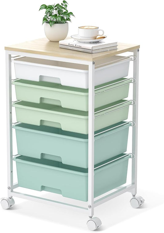 SYKIARIOL Utility Cart with 5 Drawers,Storage Cart with Wooden Tabletop and Lockable Wheels,Craft Storage Trolley Organizer,5-Tier Rolling Utility on Wheels,Light Green