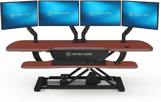 VERSADESK PowerPro 48 Inch Electric Standing Desk Converter – Push-Button Height Adjustable Sit to Stand Desk Riser for Multiple Monitors – Motorized Desktop Workstation with Wide Keyboard Tray
