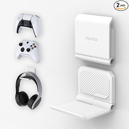 PlayVital FOLD Controller Holder Wall for ps5 ps4 Xbox Switch 2 Pro Headset, 2 Pack Universal Storage Organizer Gaming Controller Stand Headphone Mount - Foldable Anti-slip Adhesive Removable, White