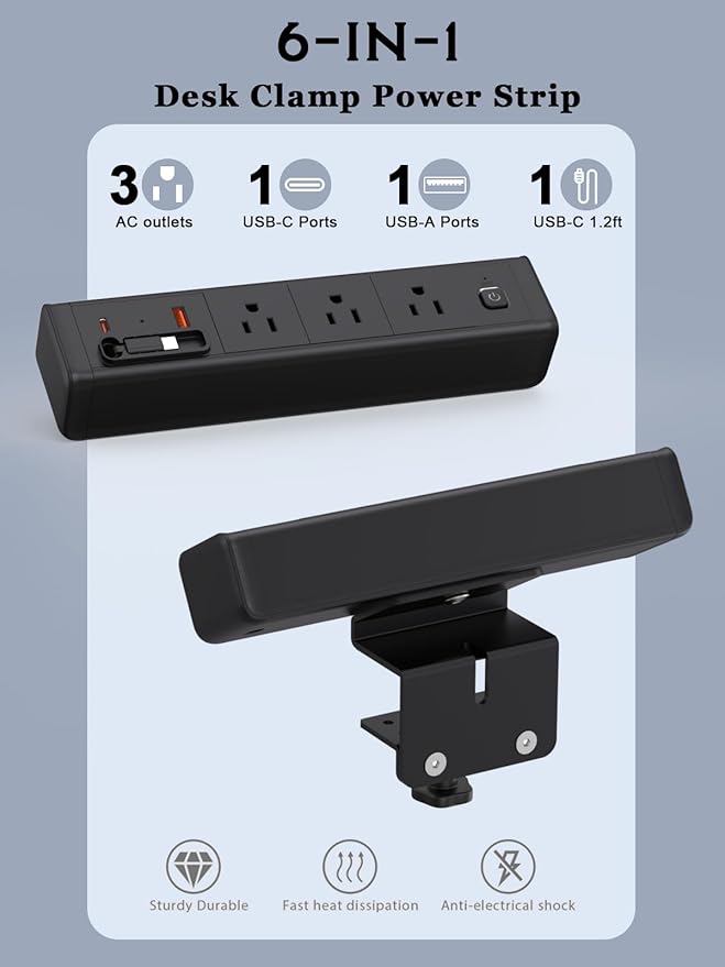 Desk Clamp Power Strip Built-In1 Retractable USB C Cables,Nightstand Charging Station 1 PD20W USB-C&1 USB-A&3 AC,Desk Mount Outlet 6.6 Ft Extension Cord for Conference Rooms, Desktop Accessory.