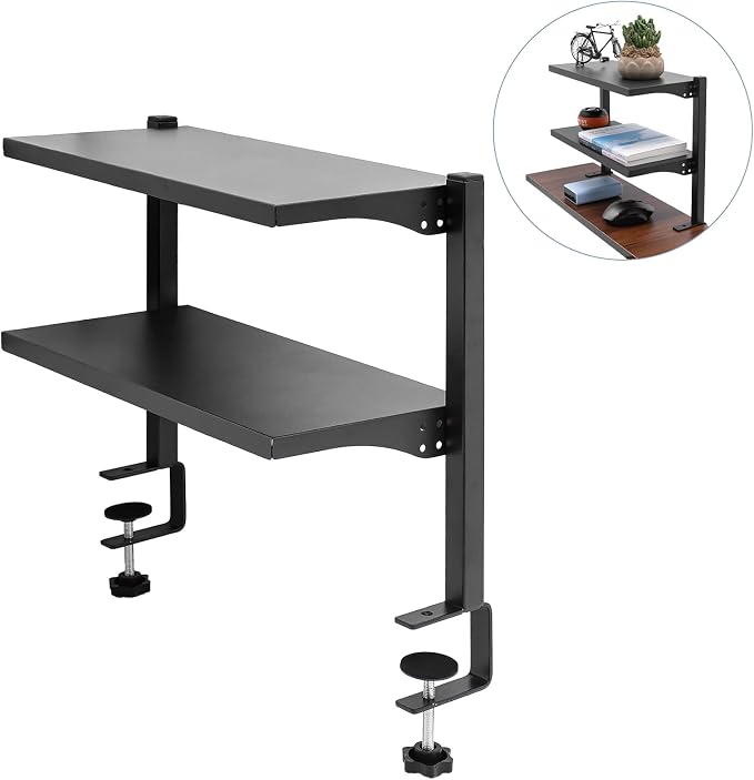 2-Tier Clamp On Desk Shelf,16 inch Adjustable Above or Under Table Storage Shelves,Desktop Organizer
