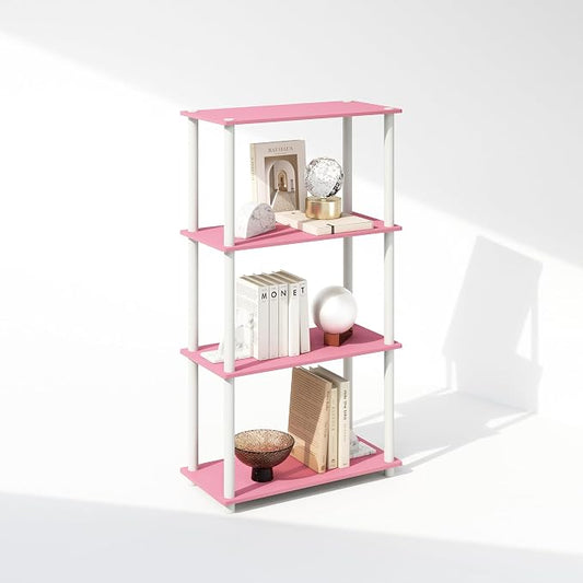 Furinno Turn-N-Tube Book Shelf, 4-Tier Bookshelf, Bookcase with Multipurpose Compact Display Rack, 11.6 x 23.6 x 43.2, for Living Room, Bedroom, Home Office, Pink/White