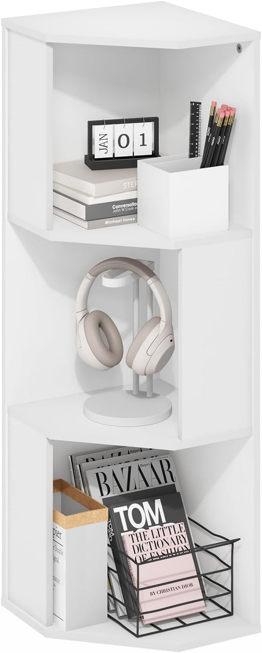 Furinno ECON Corner Shelf, 3-Tier Corner Book Shelf, Standing Storage Shelves, Cube Display Rack, Bookshelf, for Organization and Storage, Living Room, Home Office, Plain White