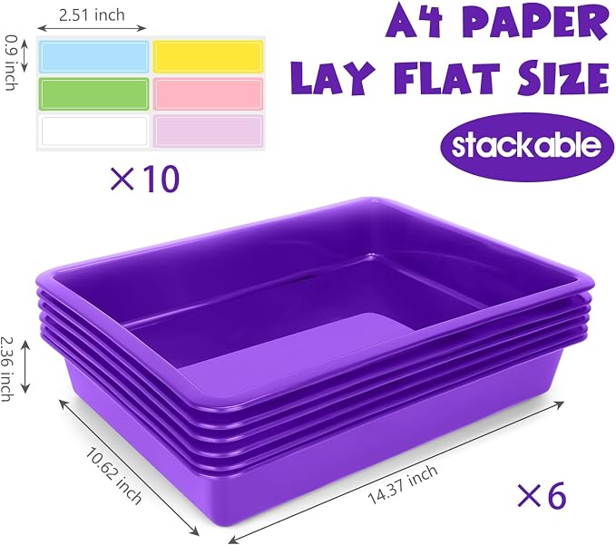 ShineMe 6 Pack Paper Trays for Classroom, Purple Plastic Book Bins with Colorful Labels, Stackable Letter Size Storage Tray, Desk Organizer Tray for Home, School and Office