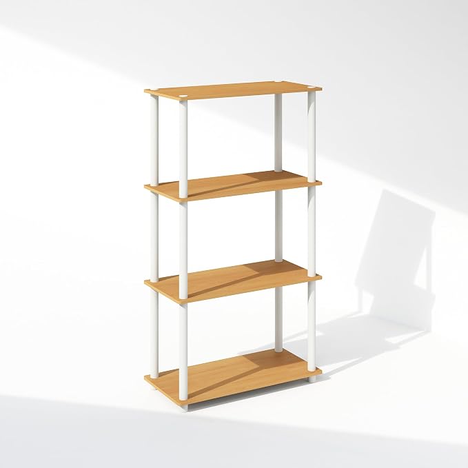 Furinno Turn-N-Tube Book Shelf, 4-Tier Bookshelf, Bookcase with Multipurpose Compact Display Rack, 11.6 x 23.6 x 43.2, for Living Room, Bedroom, Home Office, Beech/White