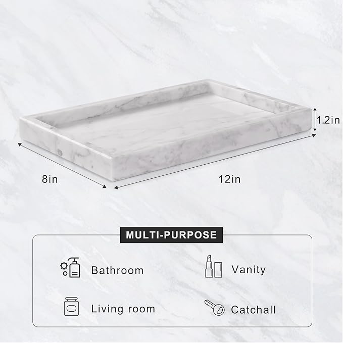 Marble Bathroom Tray for Countertop & Home Decor, Natural Decorative Marble Tray for Jewelry & Perfume Organizer, Luxury Stone Vanity Trays for Dresser, Kitchen Counter, 12" x 8", White