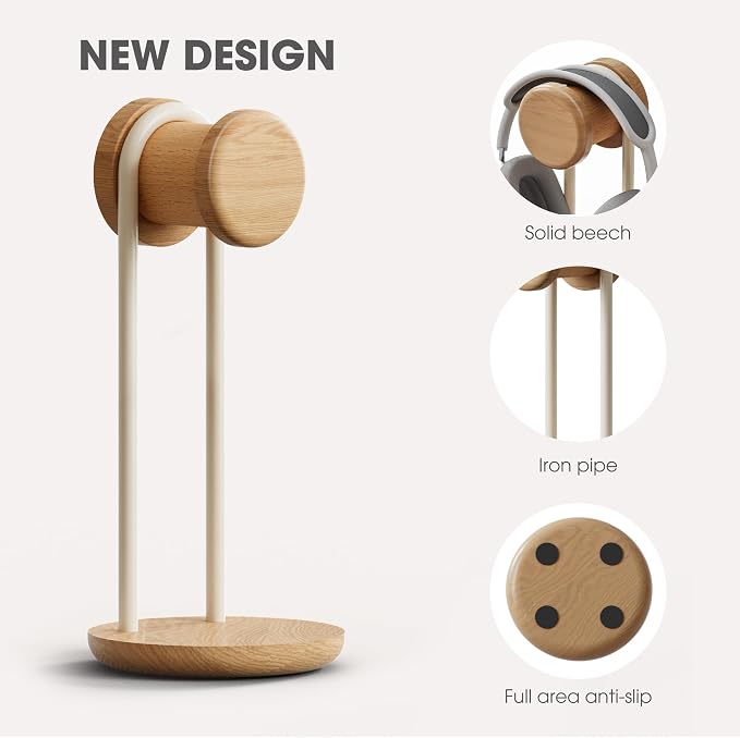 Fenge Headphone Stand for Desk, Nature Wood & Metal Headphone Holder with Storage Base, Desktop Headset Stand for Gaming Universal Headphones, Oak