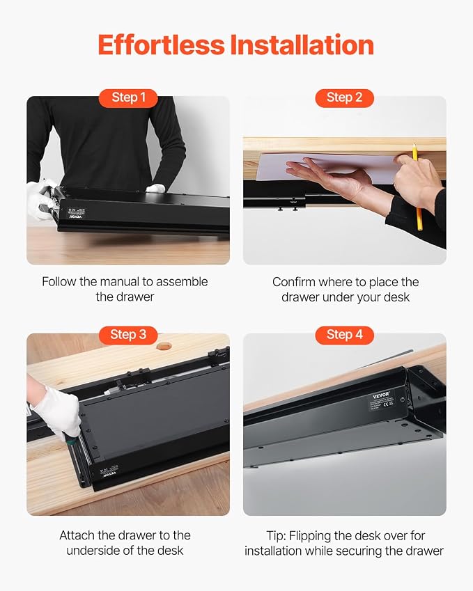 VEVOR Under Desk Drawer Slide Out, 26 inch Under Desk Mounted Pull-out Drawer Attachment, Hidden Under Counter Drawers for office Home Sit Stand Workstation, Black