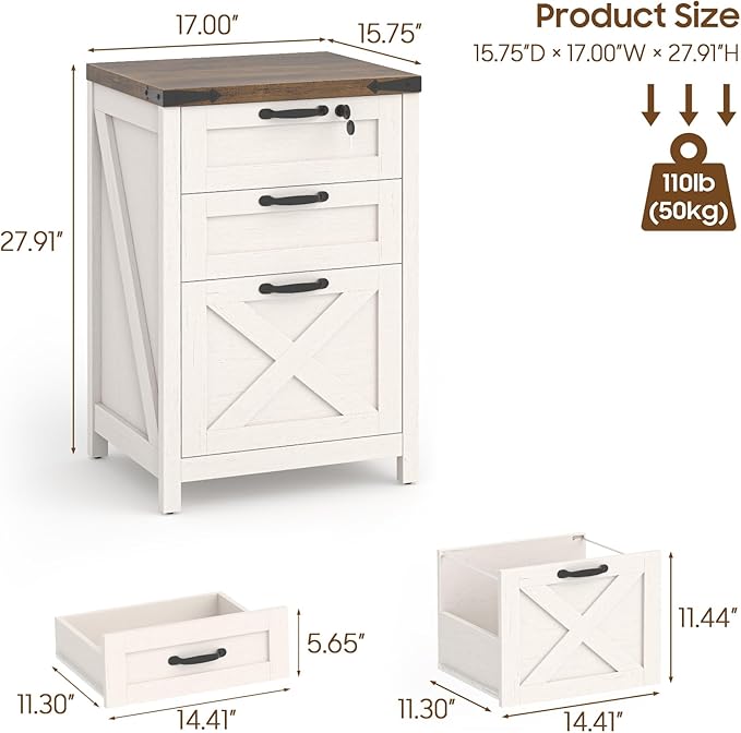Halitaa 3 Drawer Small File Cabinet with Lock, Farmhouse Vertical Filing Cabinet Fits Letter and A4 Size, Under Desk Wooden File Cabinets for Home Office, Printer Stand, Rustic White