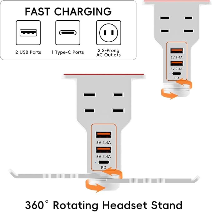 Gaming Headphone Stand with Charging Station - Aluminum Hooks Headphone Holder, Under Desk Headset Stand, 3 USB & AC Outlet, Surge Protector & Cable Organizer, Gift for Girl/Men