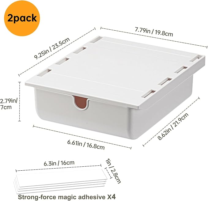 FRETONBA 2 Pack Under Desk Drawer Self-Adhesive Hidden Desktop Organizer, Attachable Desk Drawer Slide Out, Table Storage Tray for Stationery Home Office Organization Medium White