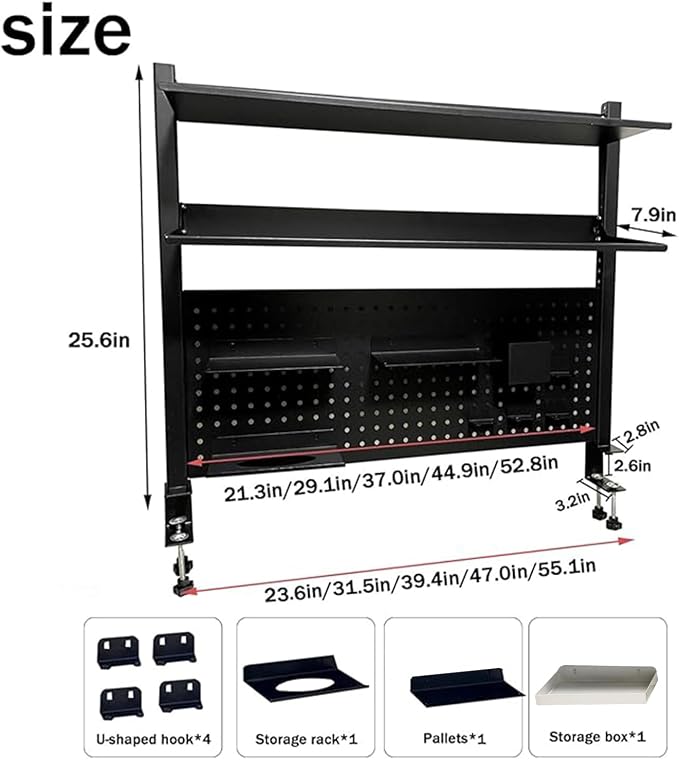 51in Clamp on Desk Organizer Shelf, Desk Extender with Pegboard, Gaming/Computer Desk Accessories with Shelf, Privacy Panel for Office, Clamp-on Desktop Shelving Syste (Black, 51in/140cm)