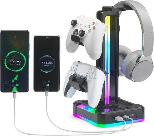 KDD RGB Headphone and Controller Stand with 2 Type-C and 1 USB Ports - Headset Stand with 9 Light Modes - Controller Headset Holder for Desk - Gaming headphone Holder for Gift and PC Room Accessories