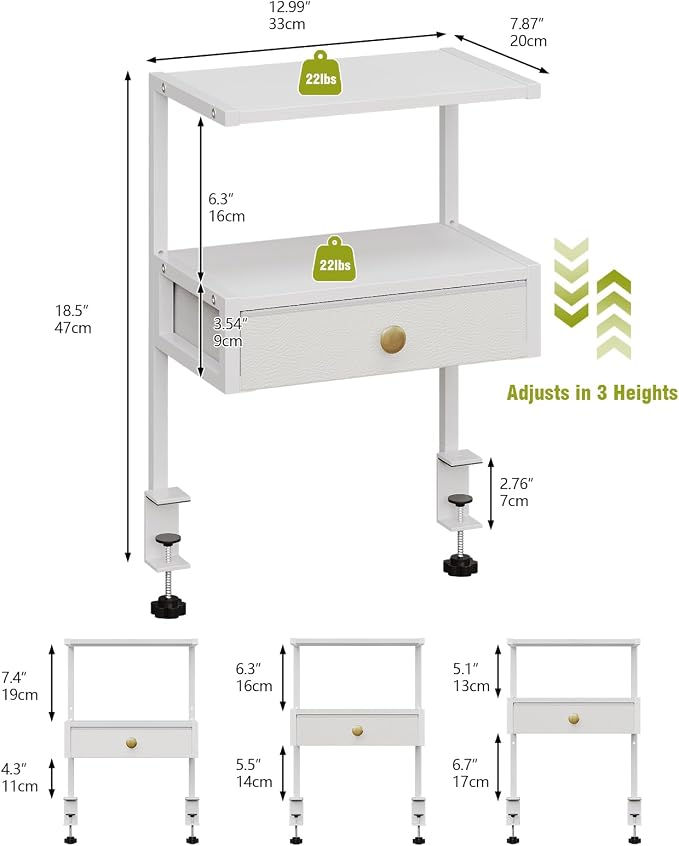 VENNQD Clamp On Desk Shelf, 2-Tier Desktop Organizer, Wood Desktop Supplies Tabletop Book Storage Rack with Adjustable Shelves for Table Working and Gaming Accessories, White