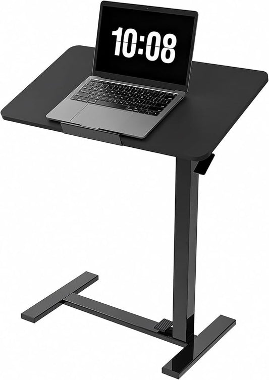 DUMOS Adjustable Overbed Bedside Table with Hidden Wheels, Mobile Standing Desk with Pneumatic Lift, Portable Computer Workstation Cart for Bed, Couch, Office, Sofa, Black