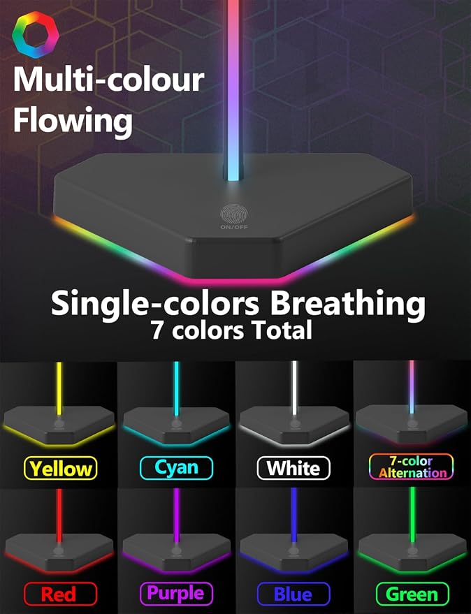 RGB Headphones Stand with 1 USB-C Data Transmission& 3 Type-C Charging Port, Desk Gaming Headset Holder with 7 Light Modes and Non-Slip Rubber Base (Black)