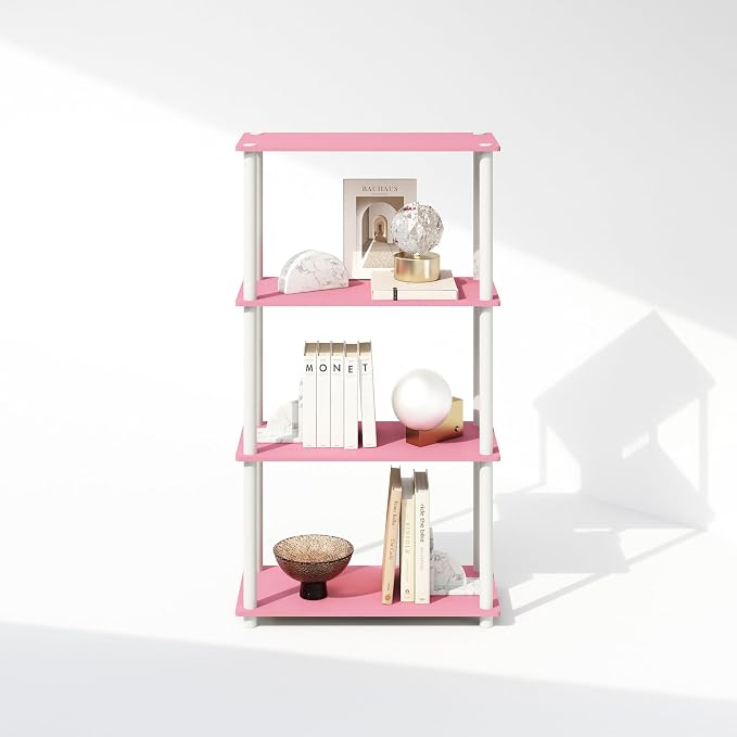 Furinno Turn-N-Tube Book Shelf, 4-Tier Bookshelf, Bookcase with Multipurpose Compact Display Rack, 11.6 x 23.6 x 43.2, for Living Room, Bedroom, Home Office, Pink/White