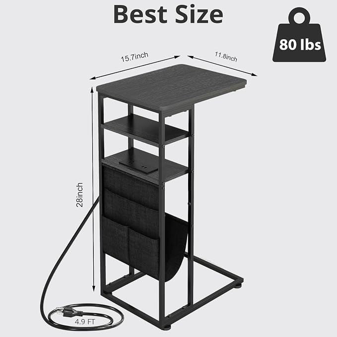 C Shaped End Table with Charging Station, 28"(H) 3-Tier C Table with Storage Bag, Under Couch Table C-Shaped End Table with Storage Shelves and Bag for Living Room, Bedroom, or Office