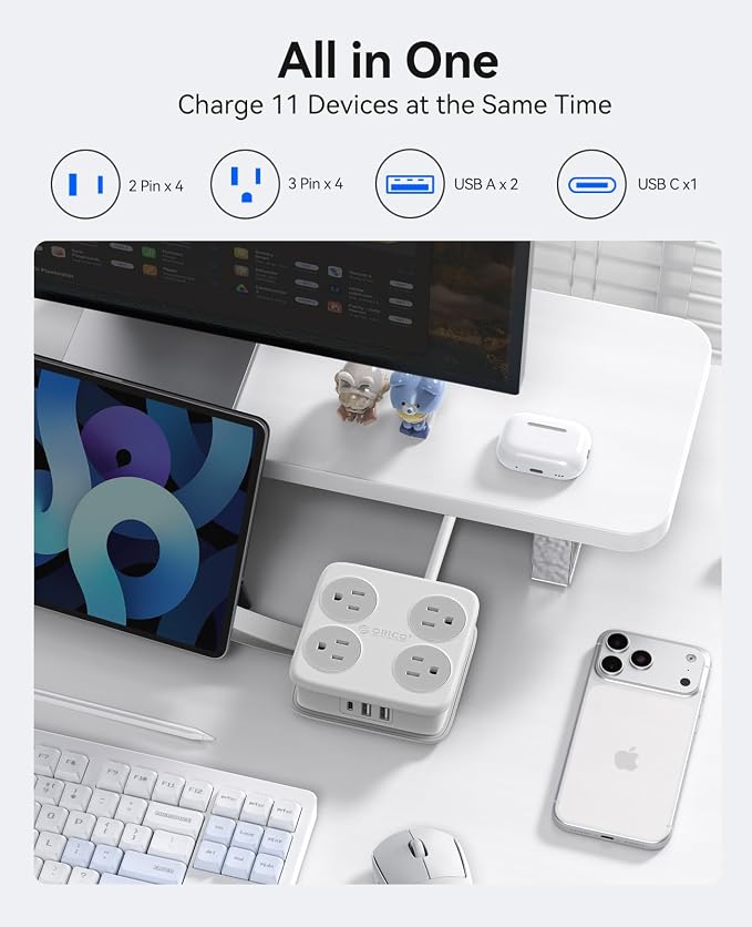 5 Ft Extension Cord with 3 USB Ports, ORICO Power Strip for Desktop, 4 Side Outlet Extender(8 AC) & Flat Plug, 11 in 1 Charging Station for Home/Office/Dorm - AP3 PRO