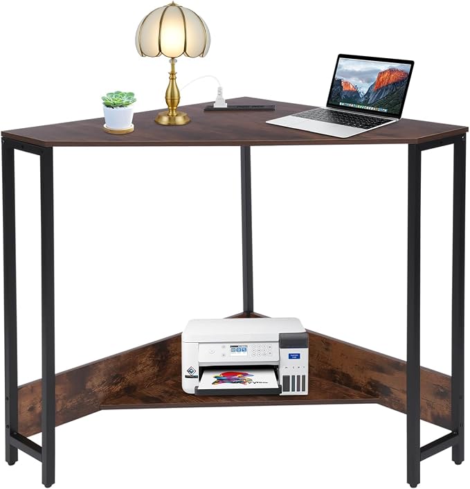 Corner Small Desk with Outlets, Triangle Desk with Storage, for Small Space Home Office, Workstation, Living Room, Bedroom (Brown)