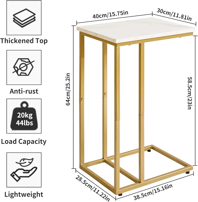 Aibiju Small Side Tables C Shaped, End Table, Small Table Stand for Living Room Bedroom, Little Bedside Table Faux Marble+Gold YD-TM051G