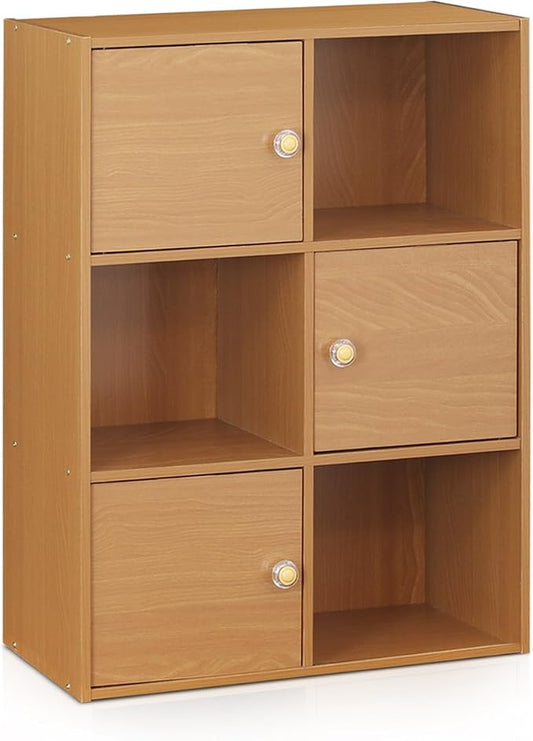 Furinno Pasir 3-Tier Shelf with 3 Door/Round Handle, Light Cherry