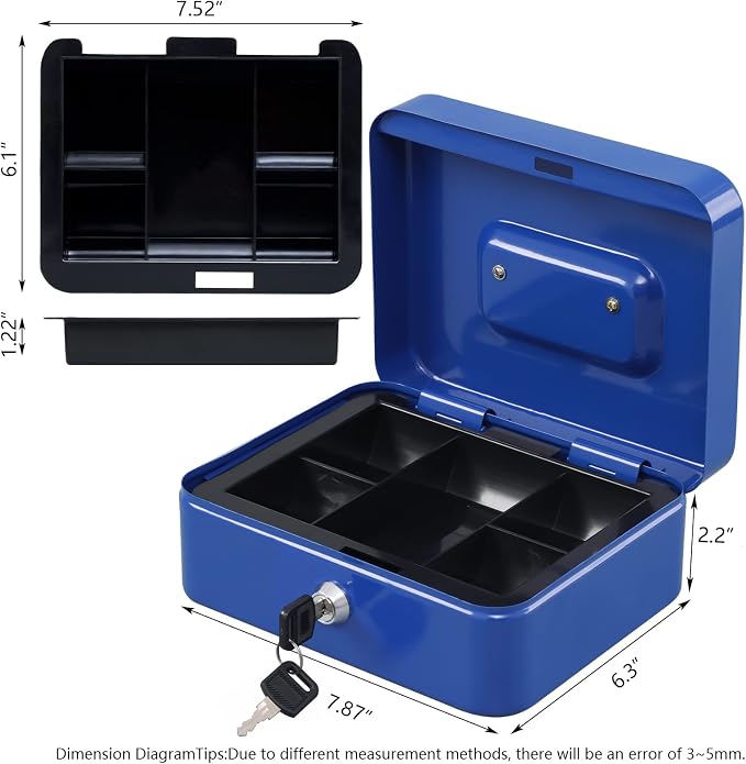 KYODOLED Cash Box with Money Tray,Storage Safe Lock Box with Key,Cash Drawer,7.87"x 6.30"x 3.54" Blue Medium