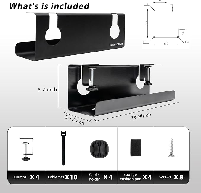 No Drill Under Desk Cable Management Tray with Clamp, Home/Office Desk Cord Organizer and Accessories Storage Shelf, 17'' Metal Cable Organizer for Standing/Gaming Desk, Office Supplies, Black 2 Set