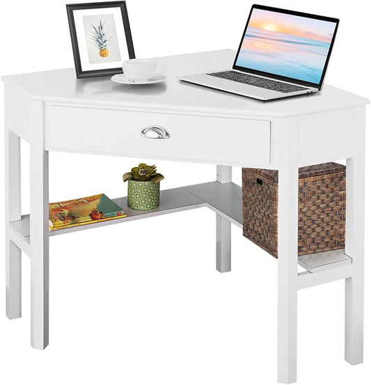 LDAILY White Corner Desk, Triangle Corner Computer Desk for Small Space, Compact Writing Desk with Storage Shelves & Drawer, Space Saving Small Makeup Vanity Desk for Bedroom, Home Office
