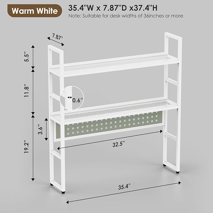 Brakki Desk Shelf, Desk Hutch Bookshelf, Desktop Shelf with Pegboard, White | L35.43", 2 Tier Bookcase, for Computer Monitor, Metal Desktop Hutch, Storage Organizer for Dorm Home Office