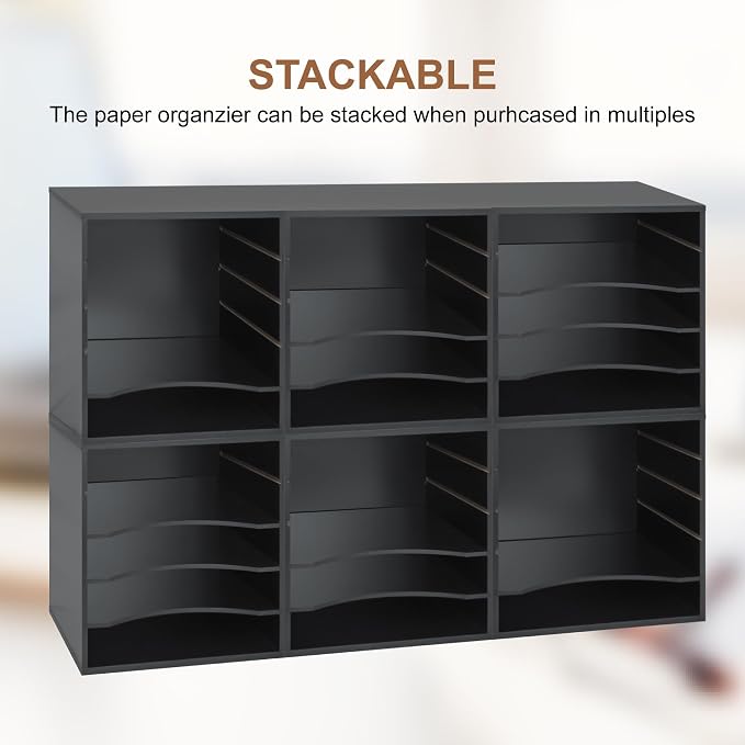 EMERIT 4-Tier Adjustable Paper Organizer, Large Capacity Book Shelf for Textbooks/Magazines/Office Files, Wooden Dividers, 7 lbs per Shelf, Black