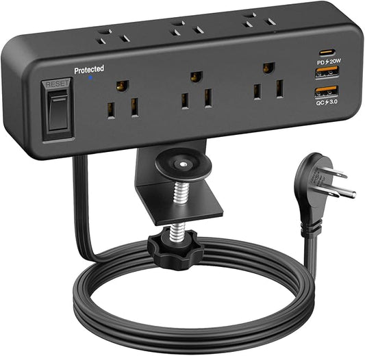 6 Outlet Desk Clamp Power Strip with USB C, Flat Plug Surge Protector, Desktop Edge Mount for 1.8 inch Tabletop Thick, Connect 6 ft Extension Cord, Table Edge Socket with Switch, Black