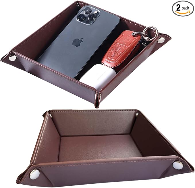 Valet Tray for Men Women 2 Pack - PU Leather Travel Catchall Tray Organizer - Desk Bedside Nightstand Storage Box for Jewelry Key Phone Remote Controller Wallet Watch Glasses Readers -Square